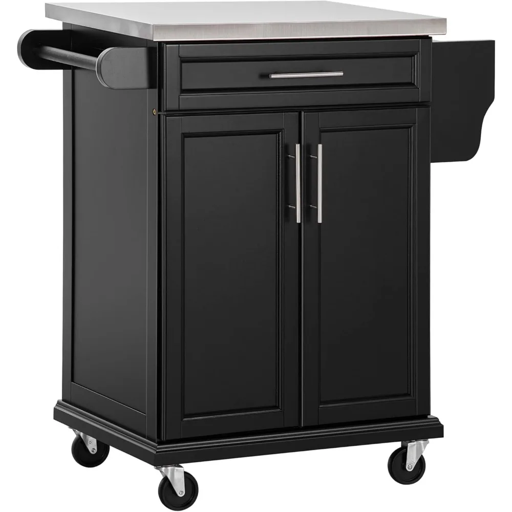 Kitchen Island on Wheels, Rolling Kitchen Cart with Stainless Steel Countertop, Drawer, Towel Rack and Spice Rack,