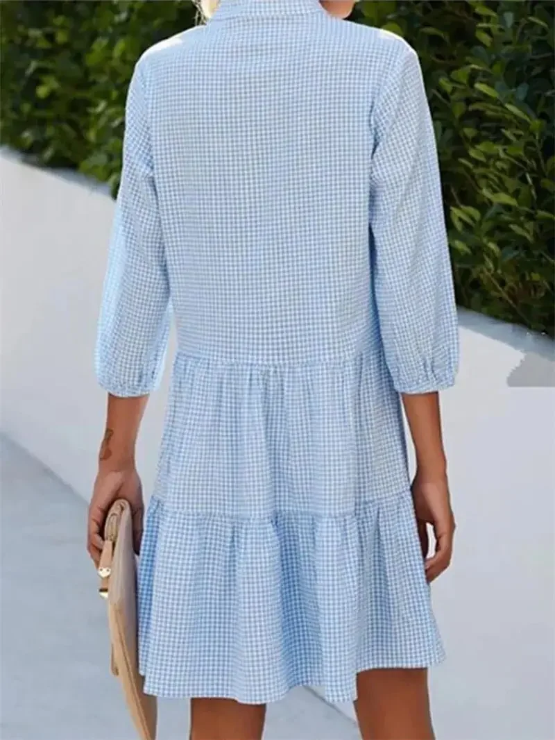 Vestido cardigã de peito único com gola alta feminino, estampa xadrez, várias camadas, bainha de emenda, vestido feminino de meia manga, elegante