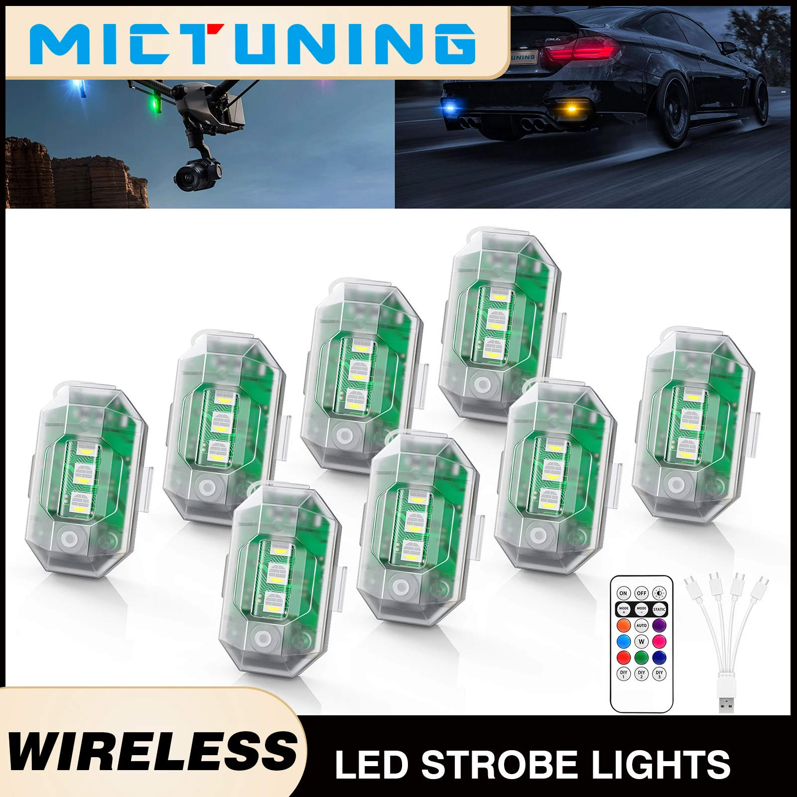 

MICTUNING Беспроводные светодиодные стробоскопы, аварийные сигнальные огни с зарядкой через USB 4-в-1, автомобильный мотоцикл, дрон, самолет, велосипедный фонарь