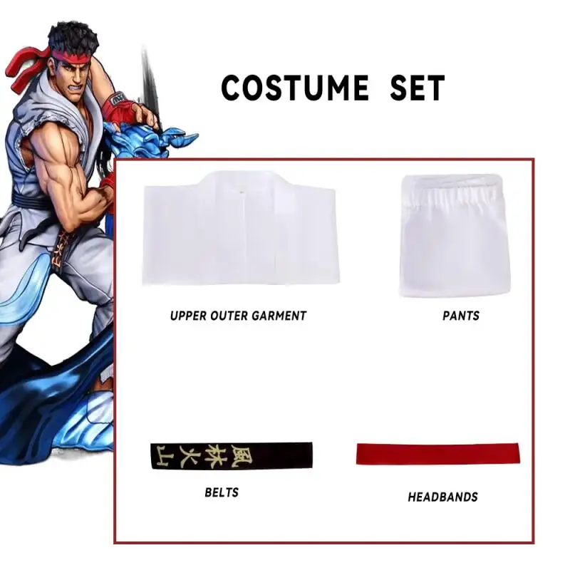 Anime  Street Fighter Ryu and Ken Cosplay Costume White and Red Martial Arts Uniform with Belt Men's Karate Outfit for Adults view 3