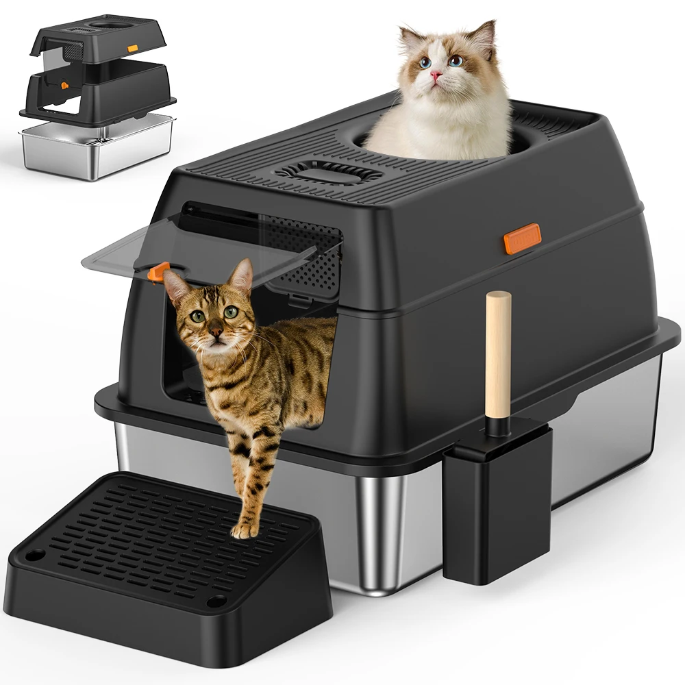 

Ящик для кошачьего туалета из нержавеющей стали с крышкой и крышкой, без запаха, очень большой металлический ящик для кошачьего туалета для больших кошек