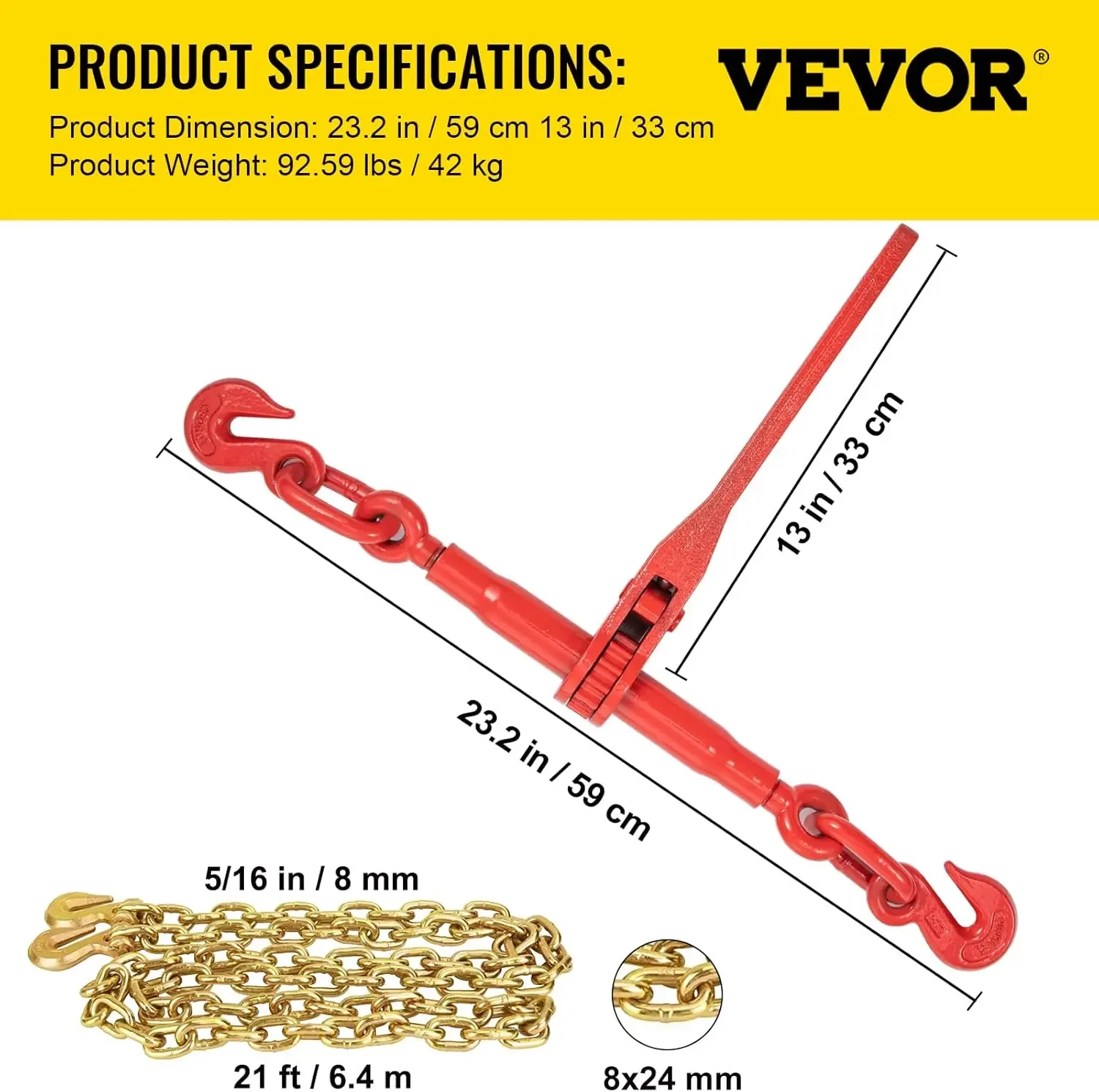 Chain Load Binder, 5/16" Tie Down Kit w/ 7100LBS Working Load Capacity and Two Grab Hooks, Transport Load Package