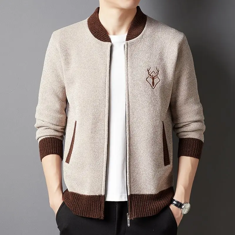 

Chic Traveling Autumn Winter Men Cardigans Coats Anti-Pilling Knitted Patchwork Cootrast Color Embroidered Casual Zipper Jackets