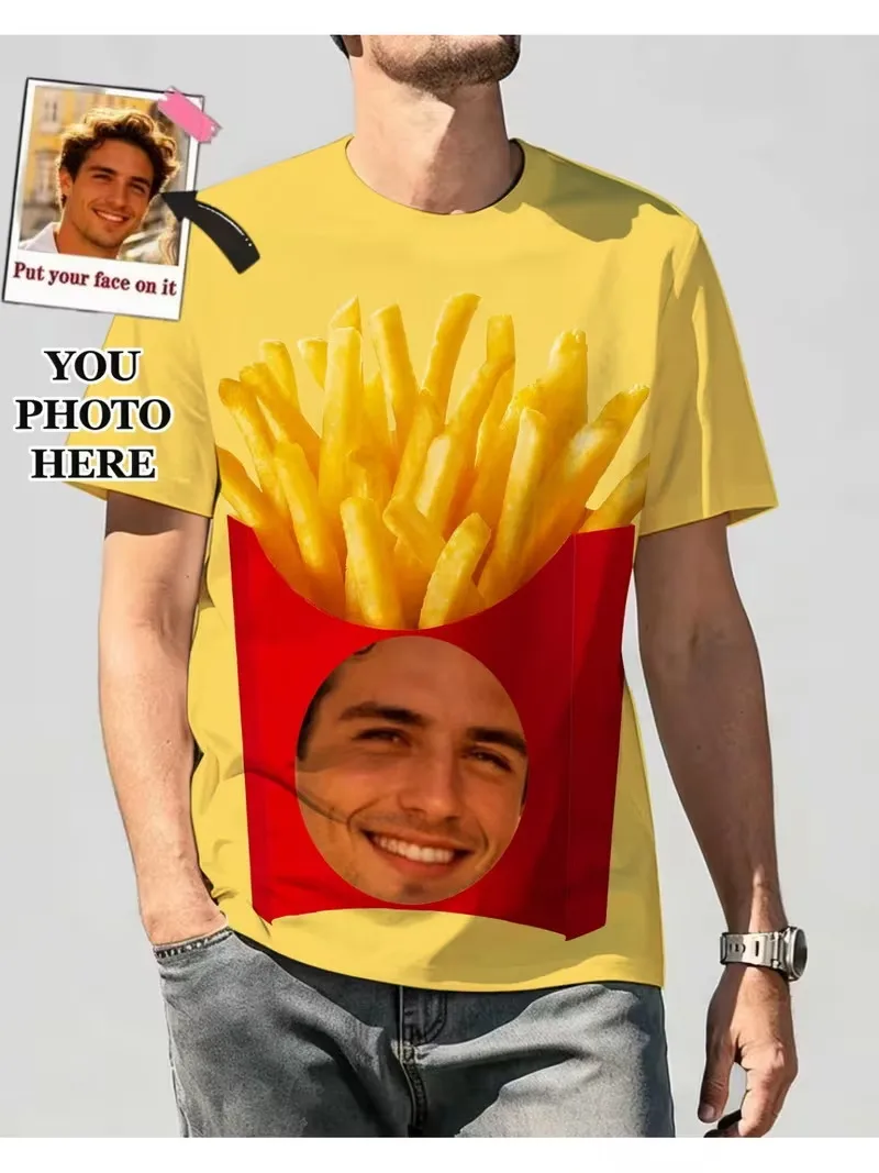 Custom Face French Fries T-Shirt For Men Personalized Photo Print Funny Potato Chips Graphic Tee Casual Short Sleeve Tshirt Gift