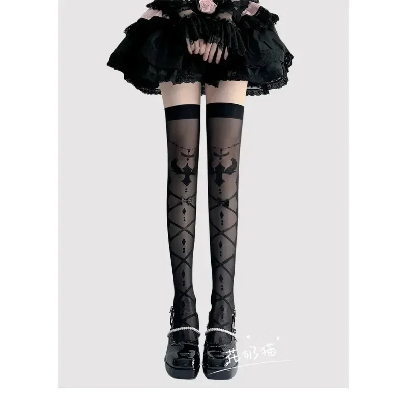 Kawaii Jiraikei Lolita Women's Sock 2025 Summer New All Matching Thin Black Silk High Thigh White Silk Sexy Gothic Knee Socks