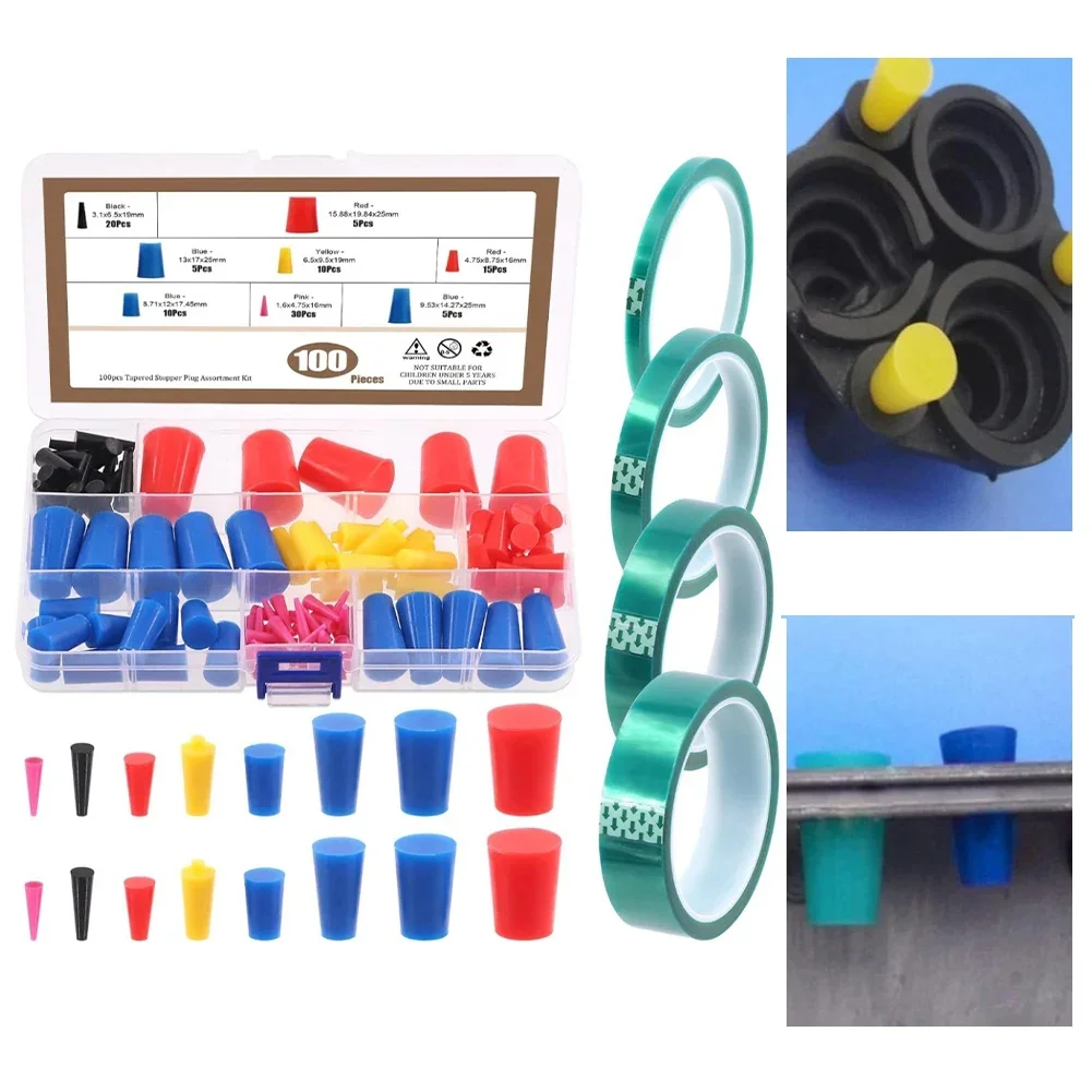 105Pcs Coating Plu Kit With PET Masking Tape High Temp Silicone Rubber Box Kit Powder Coating Silicone Cone Plu