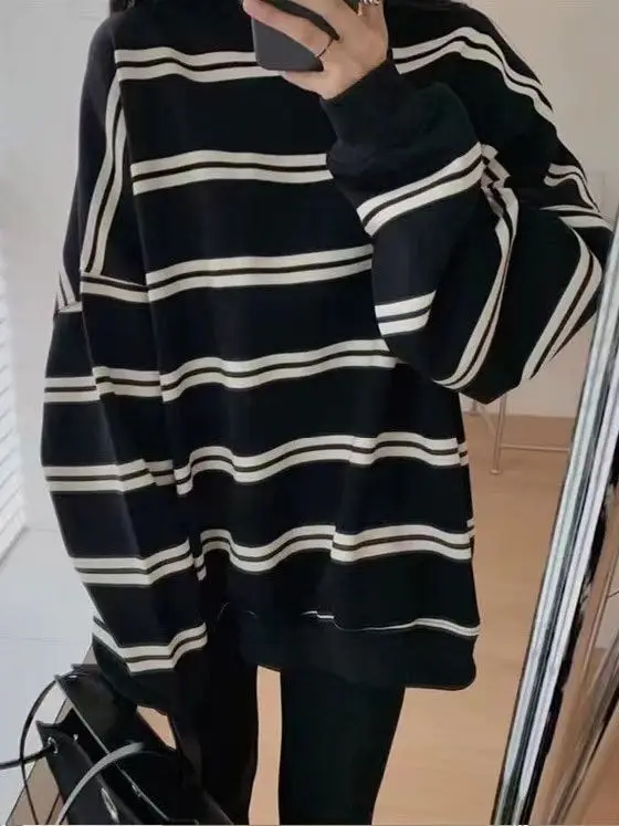 Felpa a righe retrò da donna girocollo oversize classico americano vestibilità ampia manica lunga casual top di media lunghezza pigro