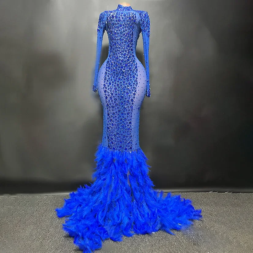 Vestido de empalme de plumas ajustadas elásticas de diamantes de cristal brillante de lujo, vestido cruzado de emperatriz, vestido de baile de graduación de lujo, disfraz de actuación