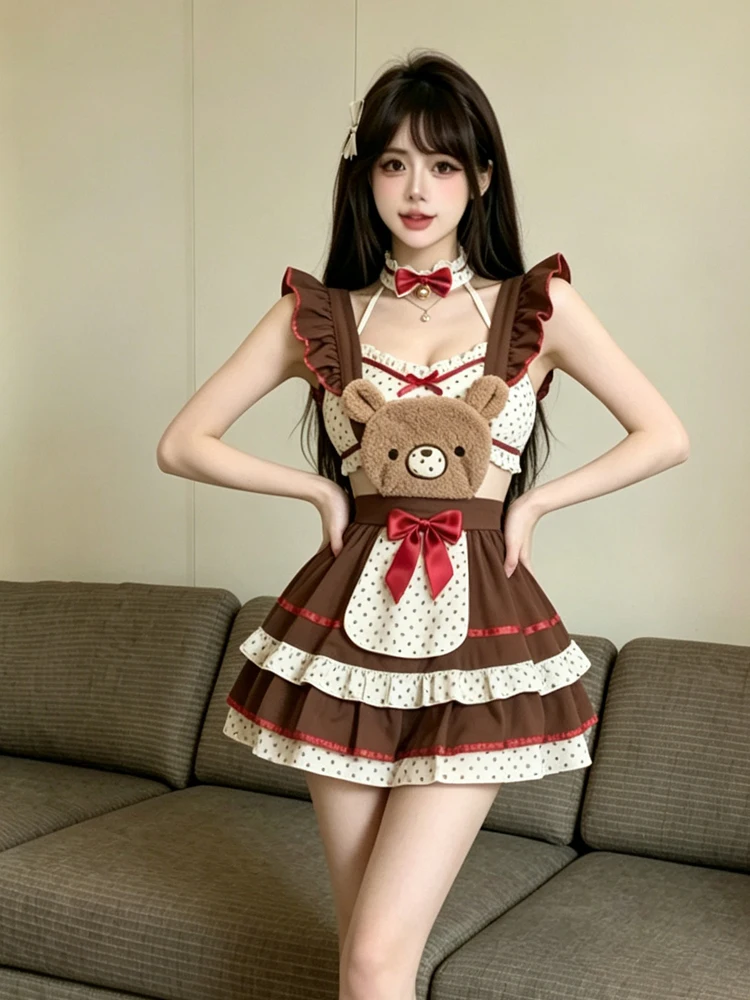 Cute Lolita Sweet Pure Desire Girl Wood Grain  Color Collision Halter Dress Two-Piece Set with Polka Dot Camisole Inner Wear