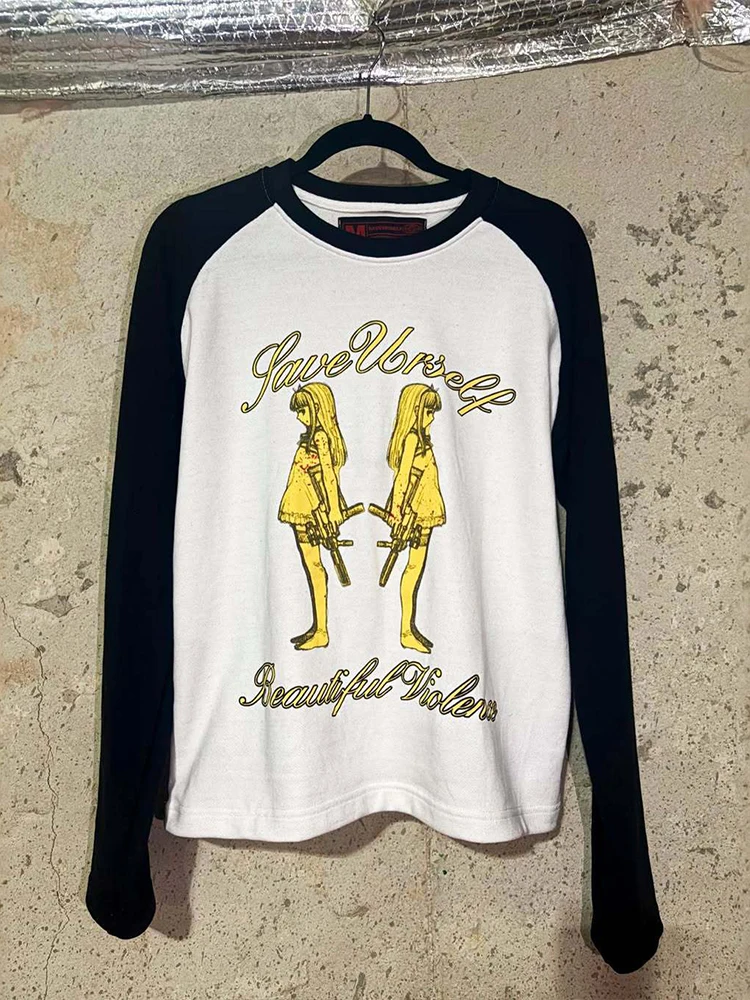 2026 Spring and Autumn New Long-sleeved T-shirt with Black and White Color Matching Print Pattern American Street Style