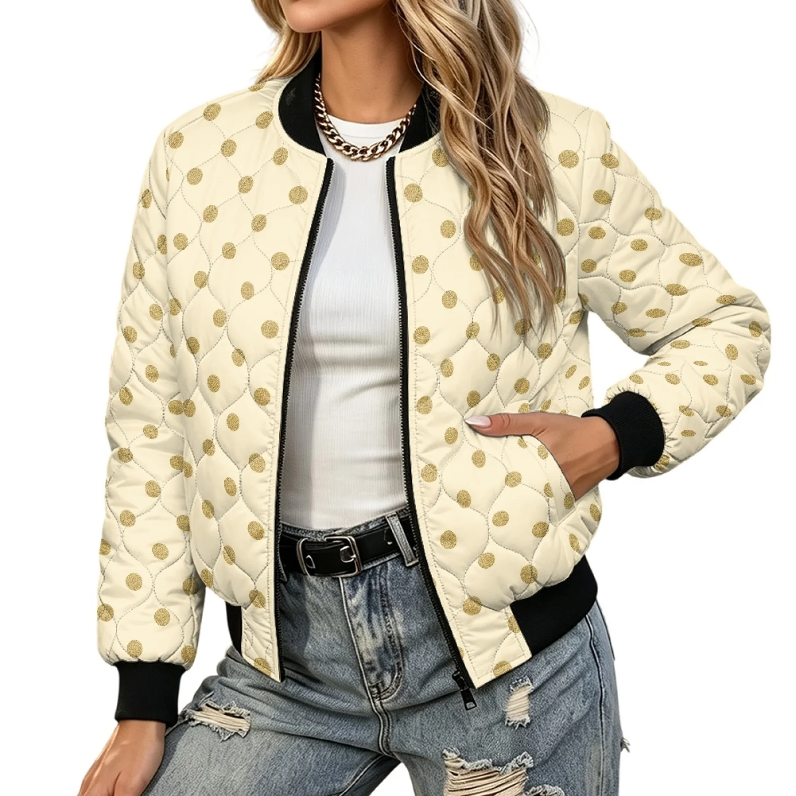 PENSTROLL Golden Polka Dot Womens Long Sleeve Quilted Padded Zip Bomber Outerwear Water-Resistant Quilted Puffer Jacket