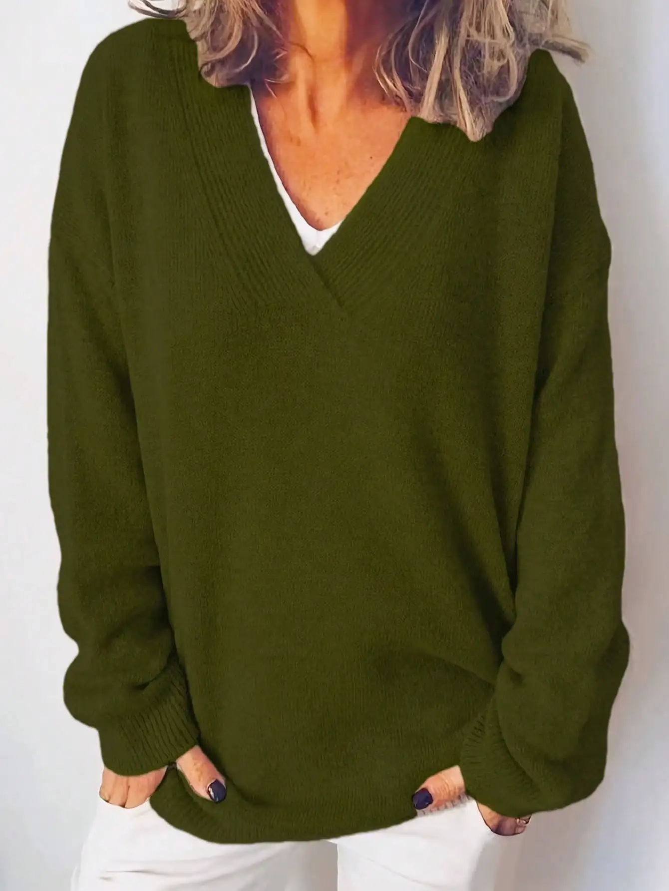 Herbst Winter Täglicher Casual Damen Übergröße V-Ausschnitt Langarm Pullover – Detail 4