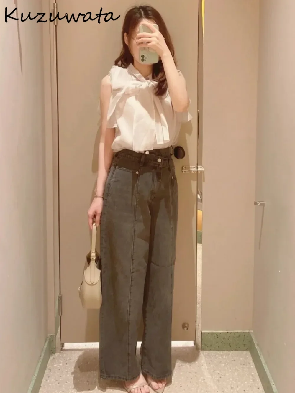 Kuzuwata New Casual High Waist Wide Leg Pant All-match Loose Mid-length Temperament Trouser Japan Moda Vintage Simple Denim Pant