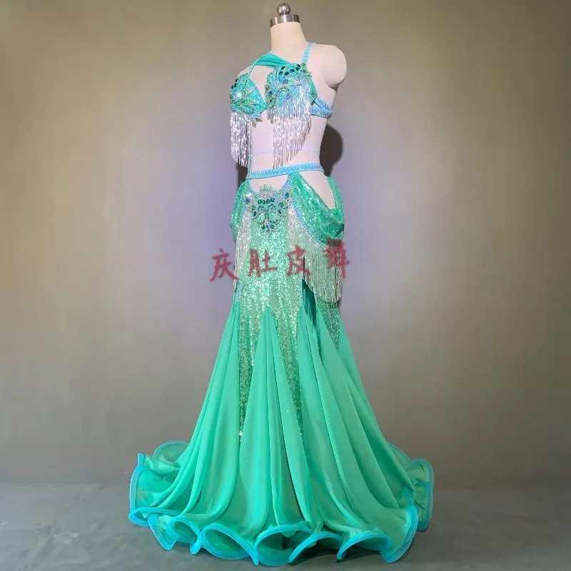 Costume de spectacle de danse du ventre personnalisé, taille haute, queue de poisson menthe, grande jupe, Costume de danse orientale, soutien-gorge de danse du ventre pour femmes