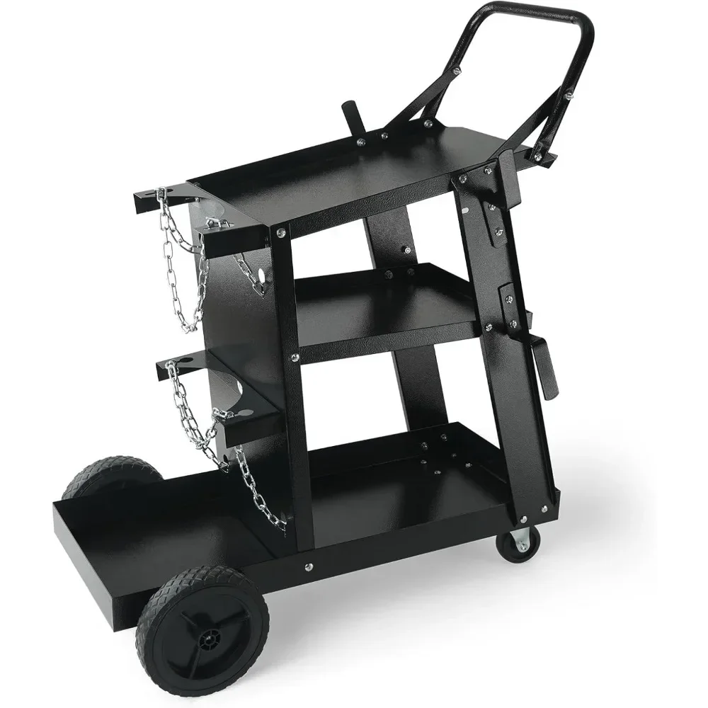

Heavy duty 3-tier welding cart with 400 lbs capacity, 360° wheels & safety chains for MIG, TIG, ARC.