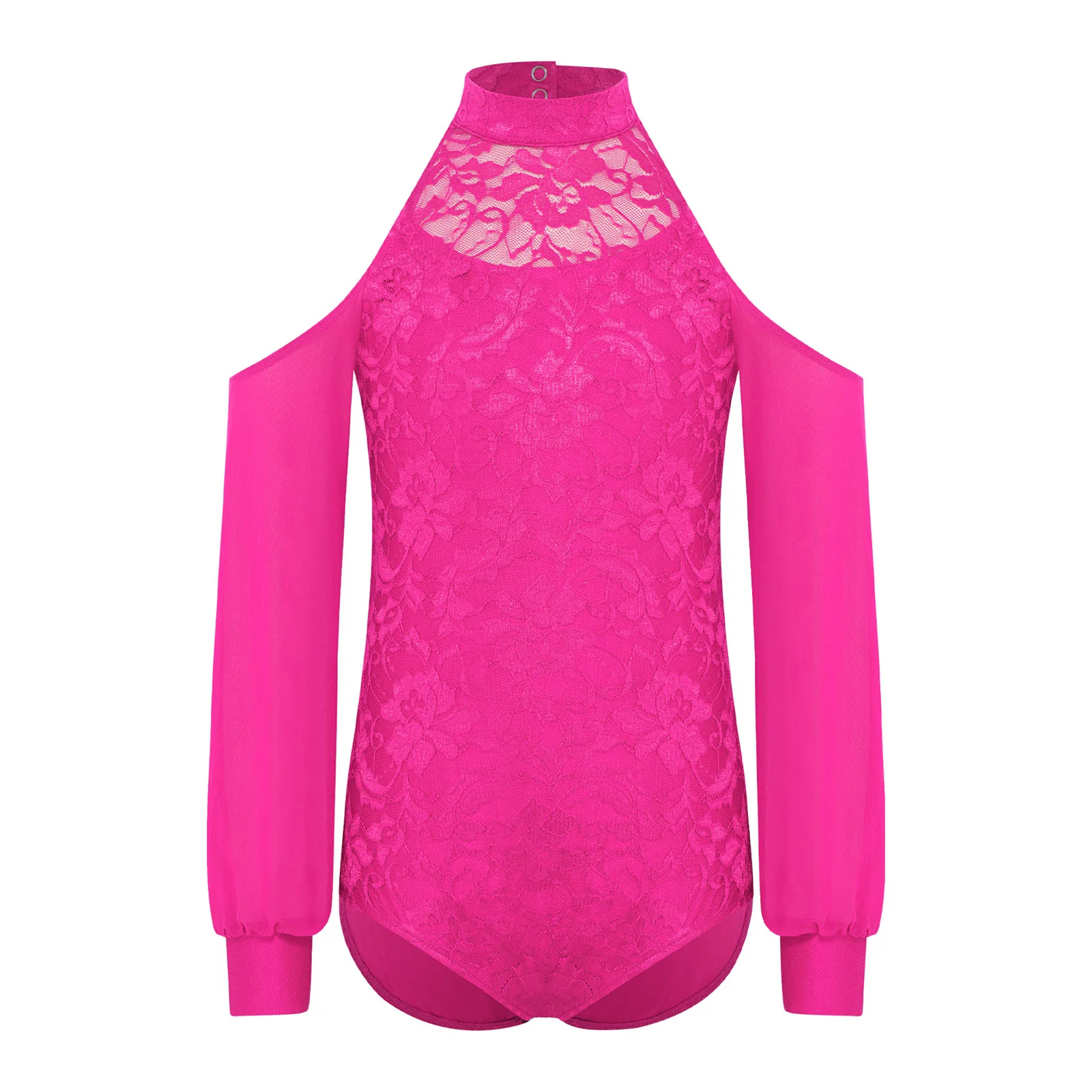 Ragazze Ginnastica Allenamento Balletto Body Pizzo Pattinaggio di Figura Costume Spalla Fredda Maglia Trasparente Maniche Lunghe Yoga Unitard Body