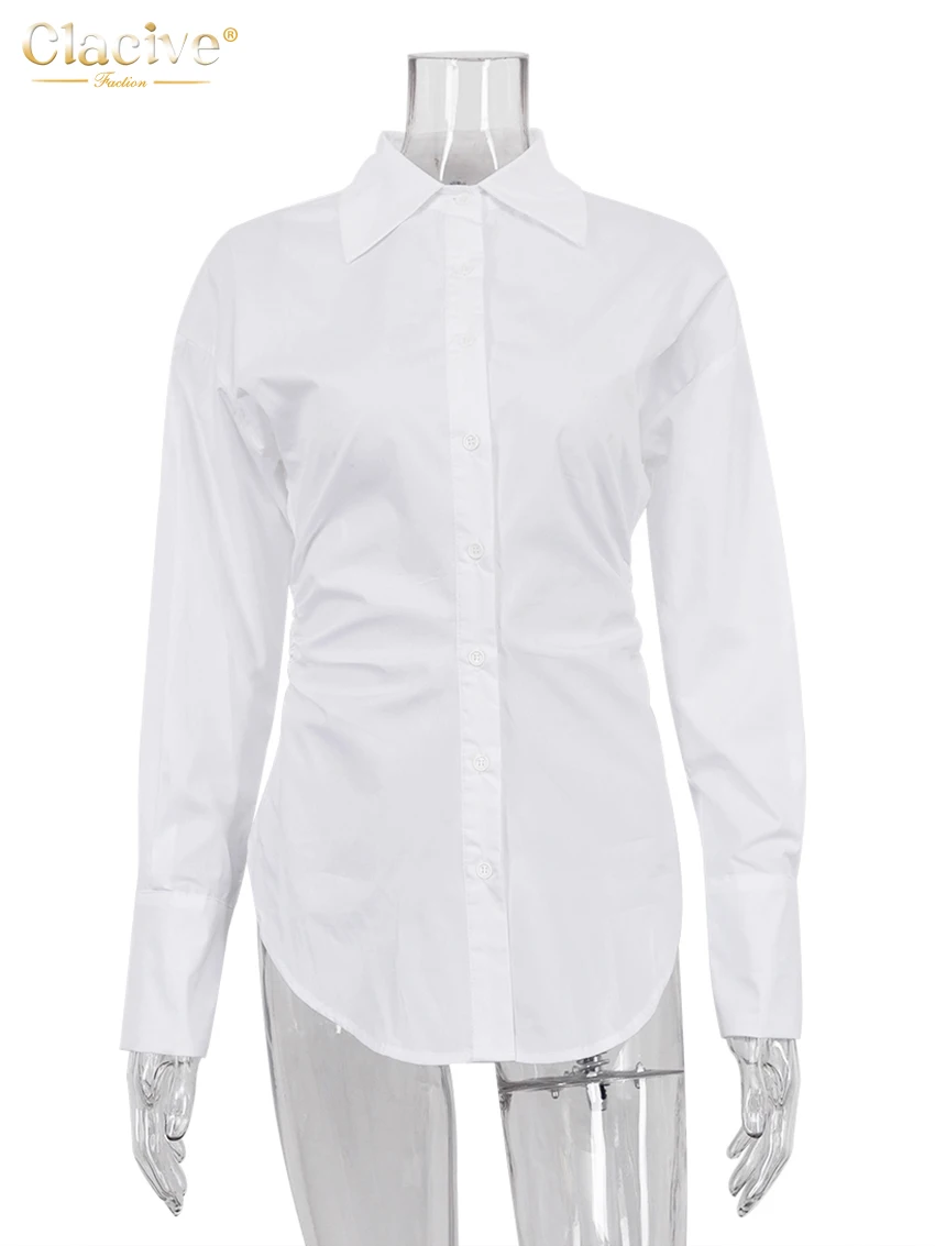 ClacMarkets-Chemisier en coton blanc à manches longues pour femmes, chemises de bureau à revers élégantes, haut chic décontracté, vêtements