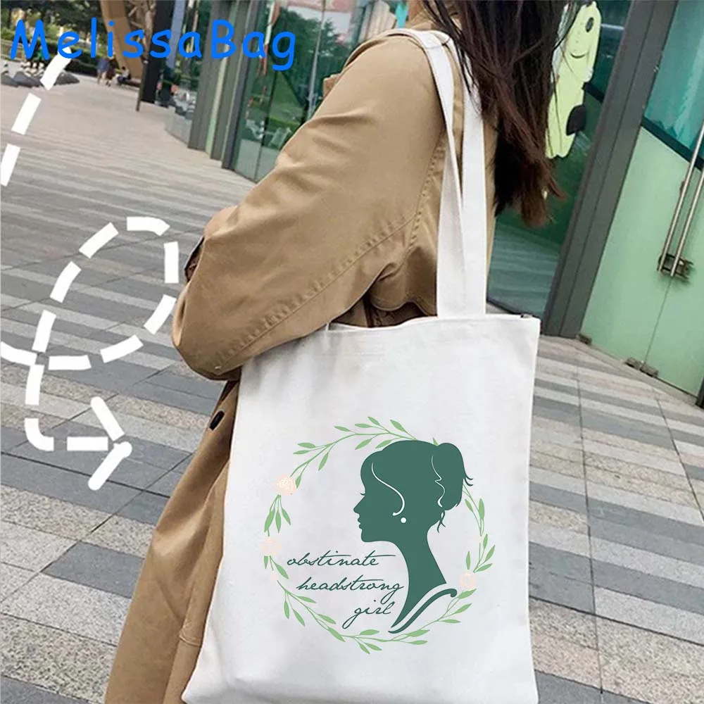 Pride and Prejudice Romantic Novel Obstinate Headstrong Girl Jane Austen Quote Books Bookshelf Fan Gifts Canvas Tote Bag Handbag