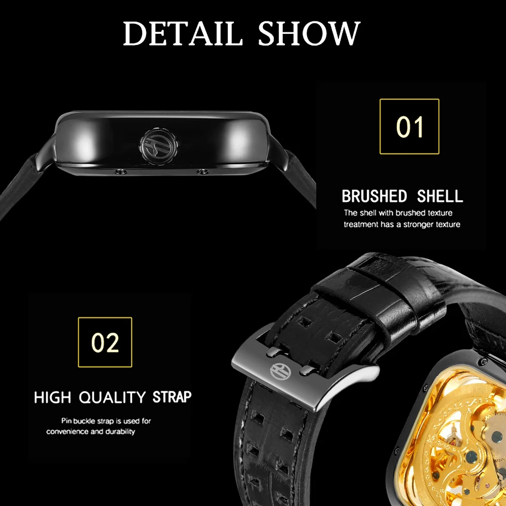 Forsining gravado caso quadrado relógios masculinos esqueleto automático mecânico luminoso mãos preto pulseira de couro genuíno homem relógio