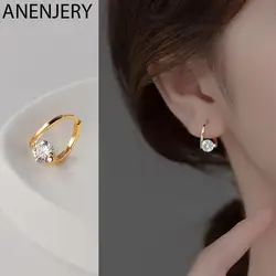 ANENJERY Silver Color Shiny Zircon Geometric Circle Hoop Earrings For Women Fresh Charming Simple Korea Jewelry Friend Gift