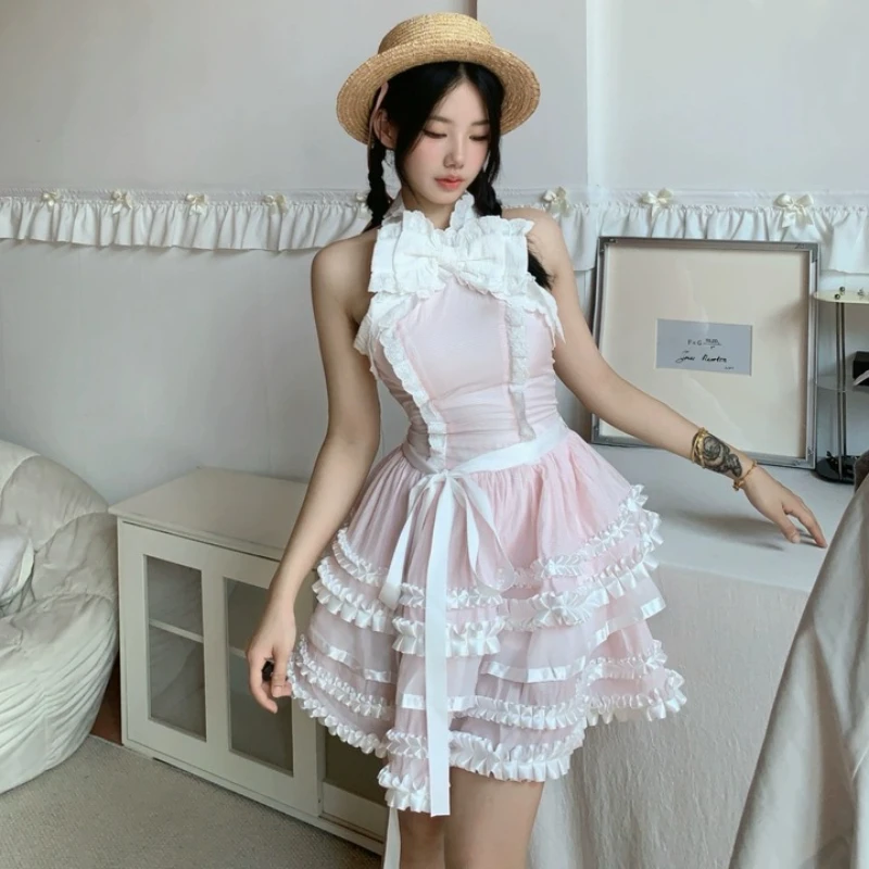 2025 verão novo rosa em camadas pesado artesanato feminino bolo vestido design coreano doce bonito idade-reduzindo arco sem mangas vestidos senhoras