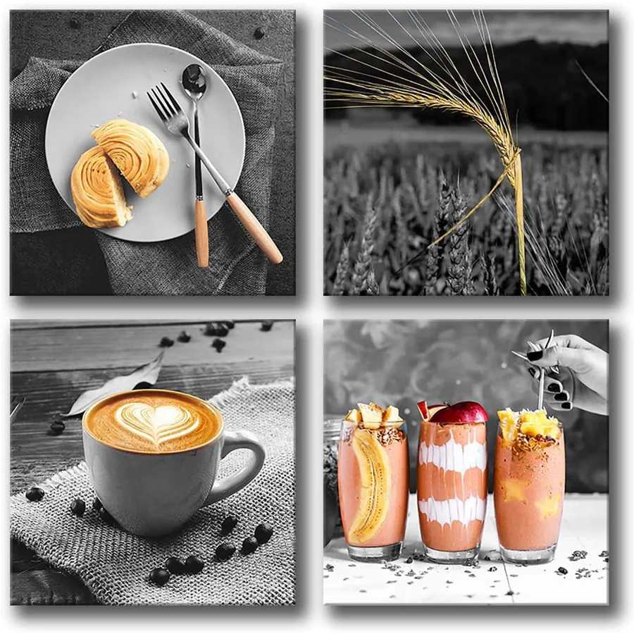 4 pcs Coffee diamond painting Restaurant Decoration Black and White Food Art mosaic Painting Beverage Kitchen Cafe Wall Decor