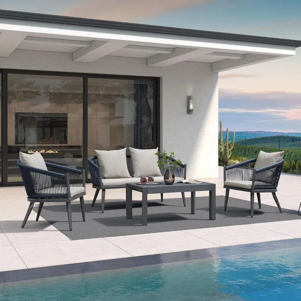 

Gray Outdoor Wicker Patio Furniture Set with Table, 4 Chairs, and Cushions for Garden, Balcony, or Porch