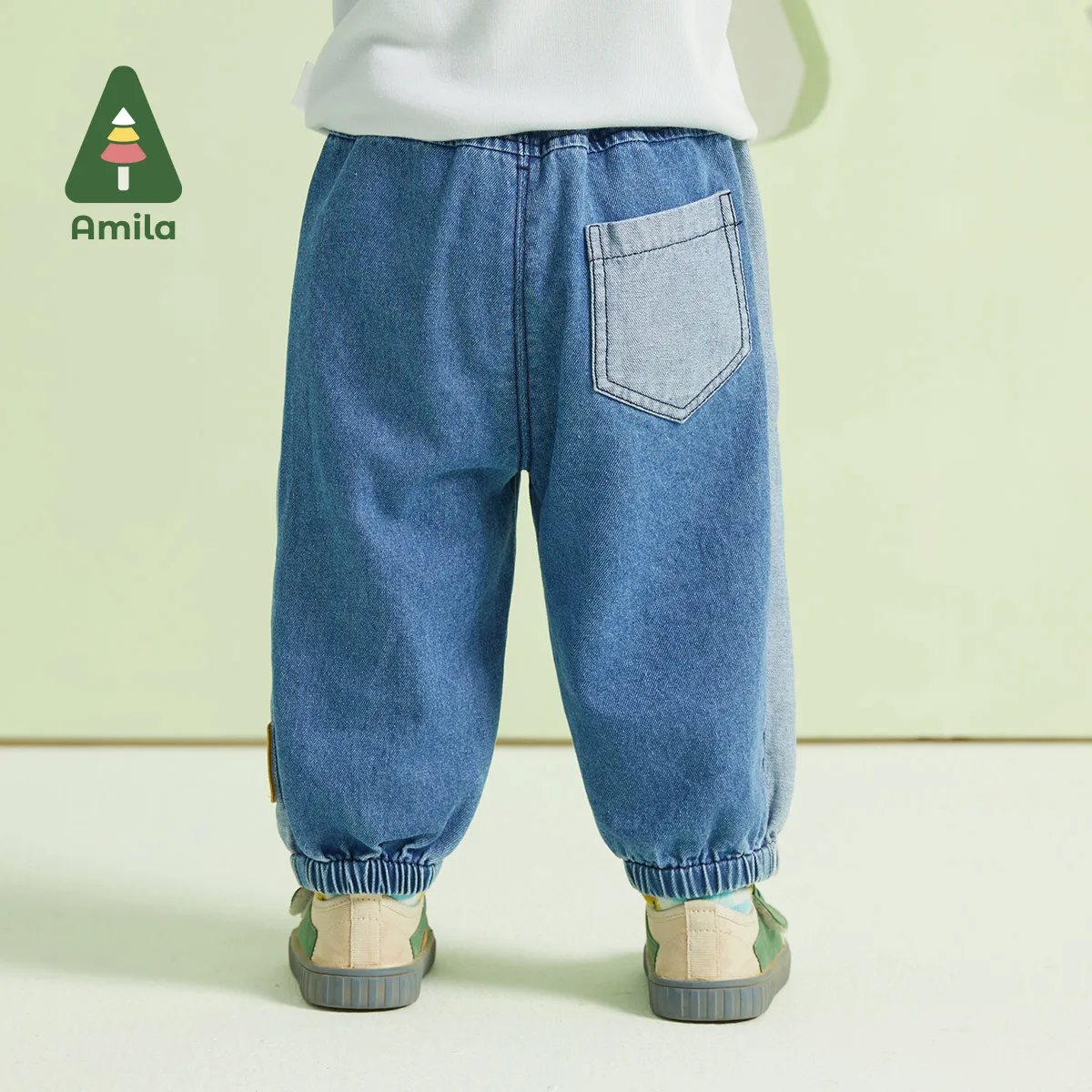 Amila Baby Denim Pants 2023 Spring New Fashion Patchwork Children Casual Soft Blue Jeans Loose Trousers Boys Girls Kids Clothes