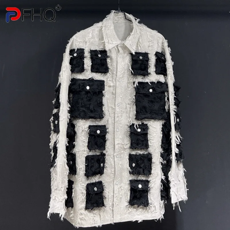 PFHQ Long Sleeved Coat Loose Cotton Linen Men\'s Shirts Three-dimensional Small Pocket Patchwork Creativity Delicacy Tops 21Z1524