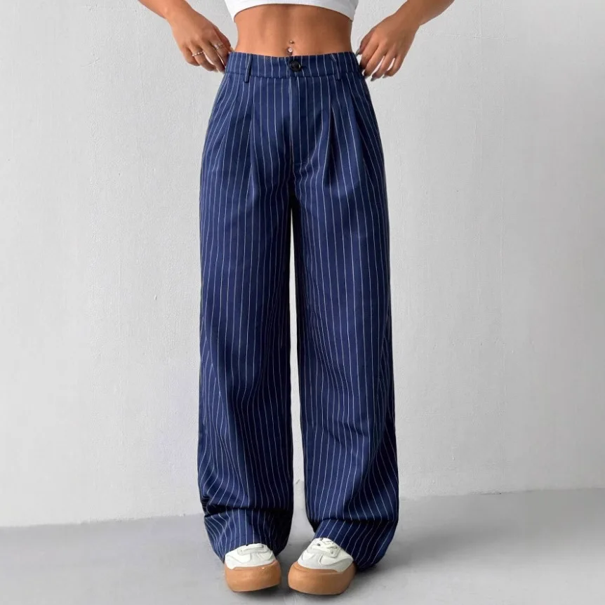 

Blue Striped Casual Pants Wide Leg Commuter Long Trousers Comfortable Loose Fit Office Wear Polyester Fabric mid Waist