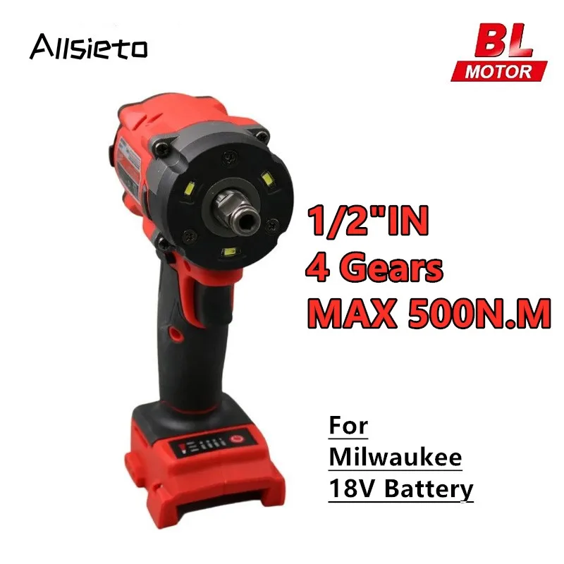 

500N.m Brushless Impact Wrench Electric Driver 1/2In Repair Cordless Screwdriver 4 Gears Power Tools For Milwaukee 18V Battery