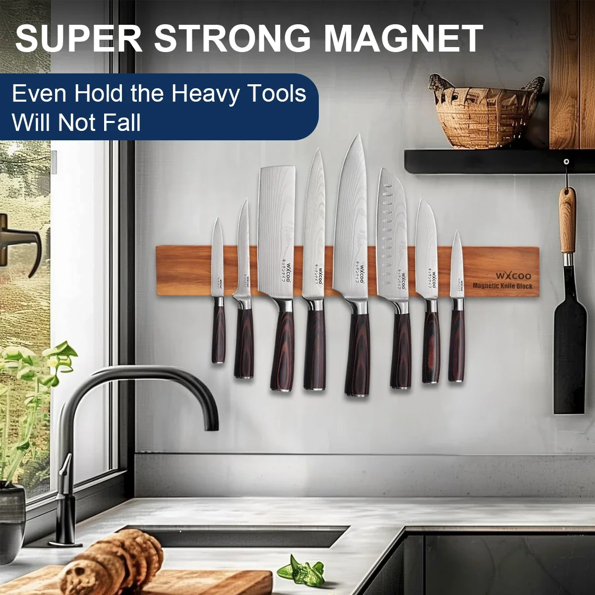 Acacia Wood Magnetic Knife Holder Strong Powerful Knifes Rack Storage Kitchen Accessories Wall Mounted Magnetic Knife Strip view 3