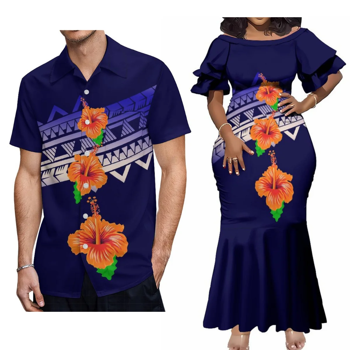 

New Style Polynesian With Stylish Couple'S Suit Samoan Women'S Short Sleeve Dress Party Large Size Tuxedo Men'S Aloha Shirt