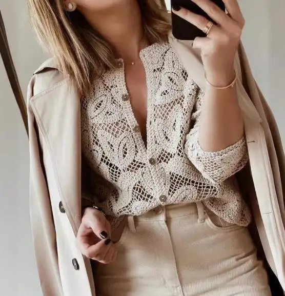 

Autumn Women's New Knitted Long Sleeve Hollow Button Shirt 2025 Women's Elegant and Sexy Jacquard Pattern Hollow Knitted Shirt