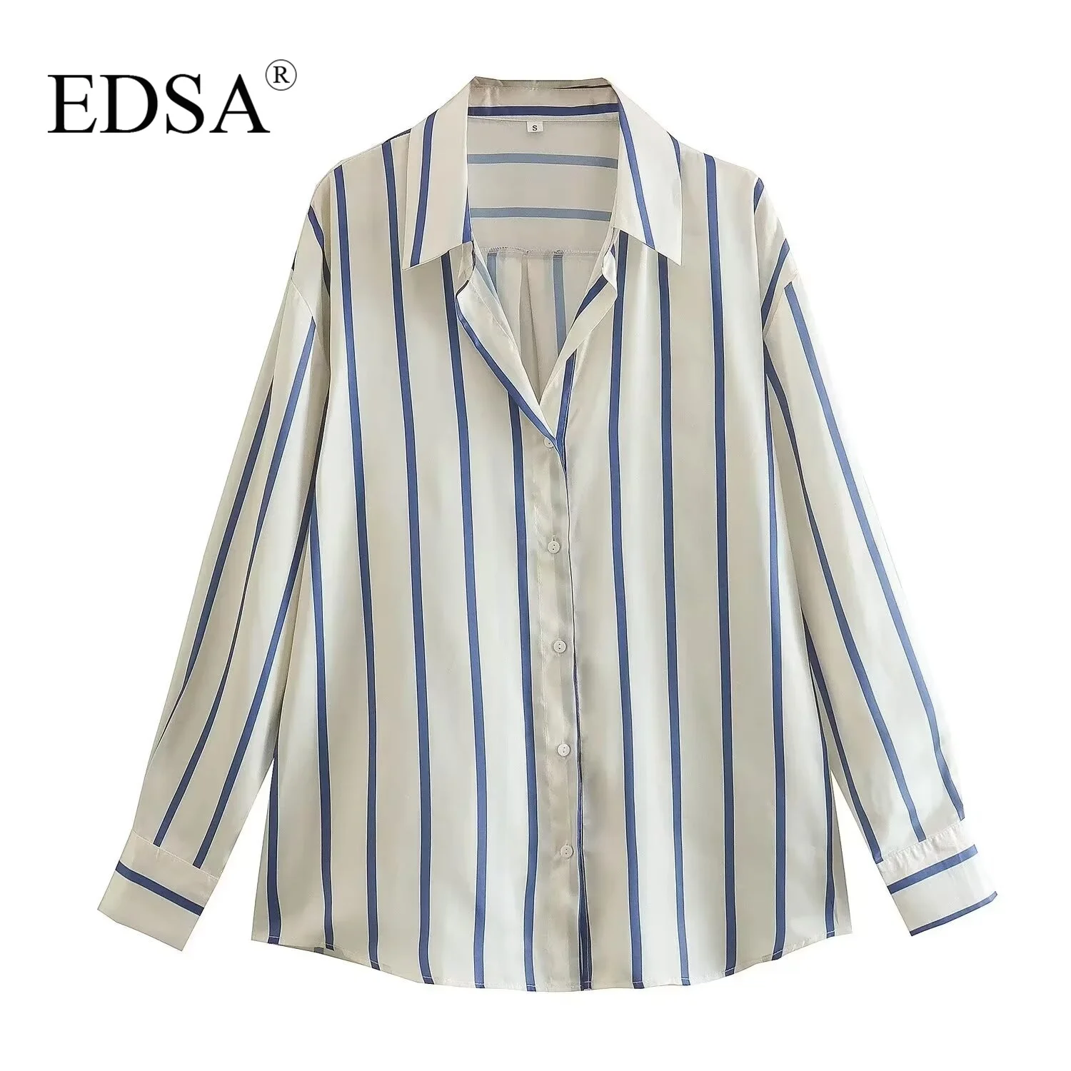 EDSA Women Fashion Striped Shirt Single Breasted Blouse Long Sleeves for Office Lady Turn-down Collar Basic Shirts