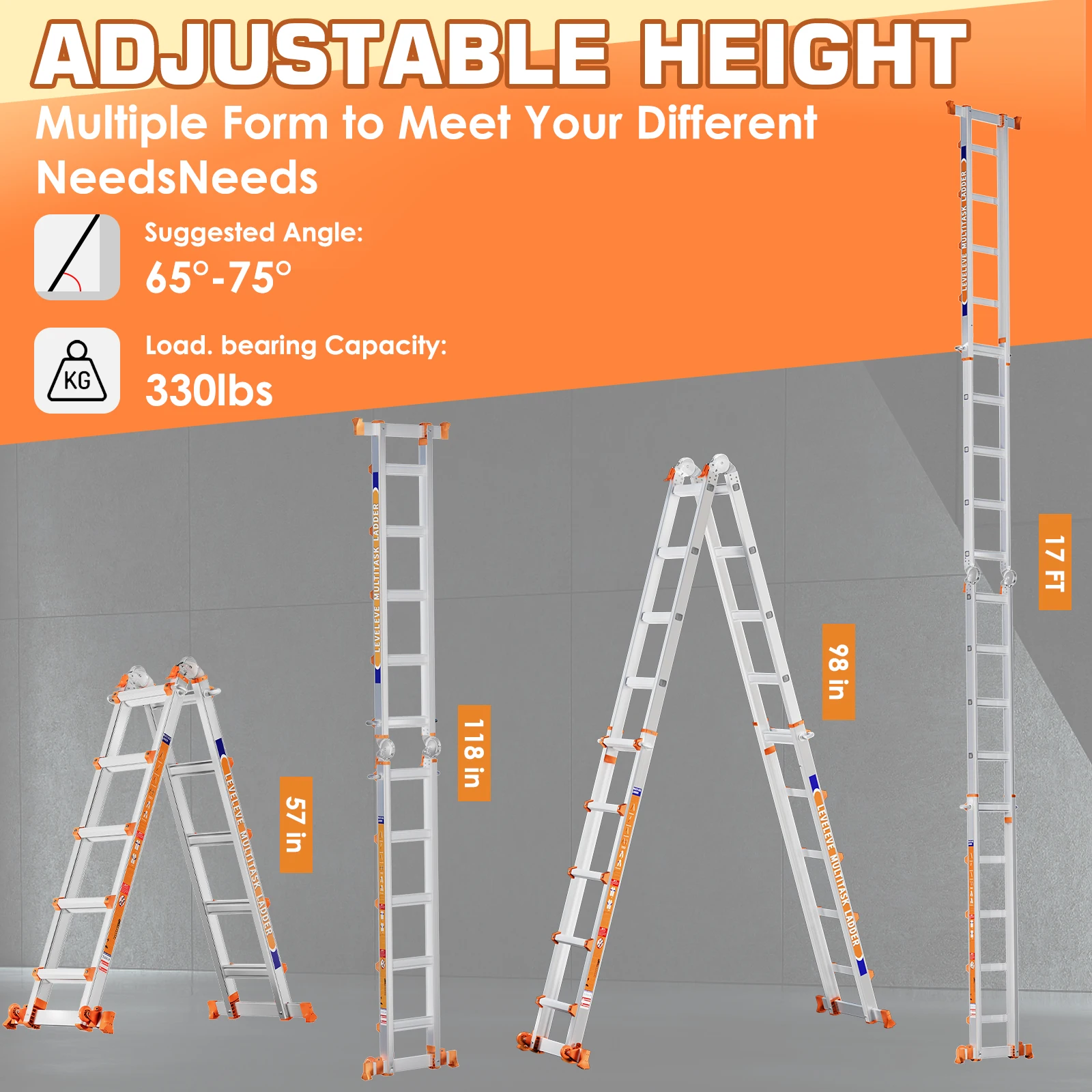سلم بإطار من LEVELEVE، سلم متعدد الأوضاع بطول 17 قدم مع قضيب تثبيت وعجلات، تحميل أمان 330 رطلاً