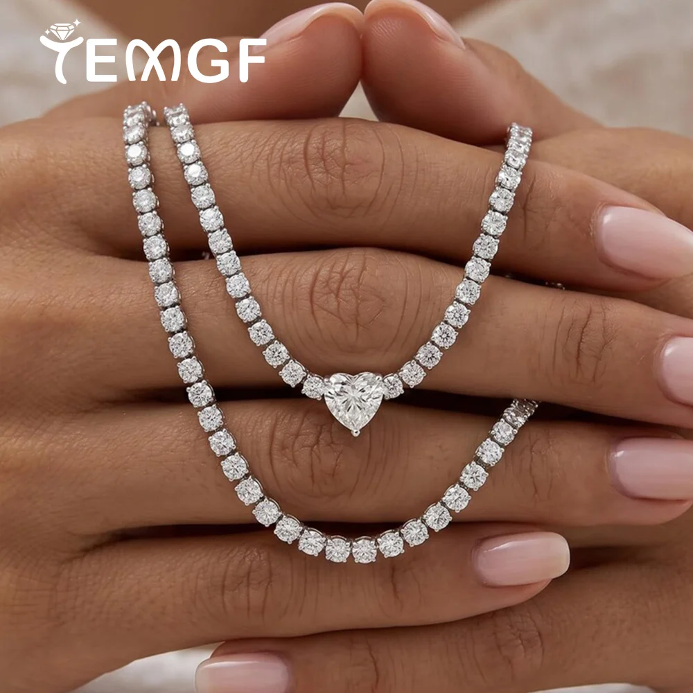 Heart Pendant 2mm Moissanite Tennis Necklace Certified 925 Sterling Silver Wedding Jewelry Riviera Choker Necklace Gift for Her