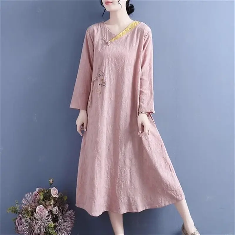 2024 Spring Summer Dress Women Fashion New Retro Art Crop Sleeves Simple And Slimming Cotton Linen Embroidered Dress Z4486