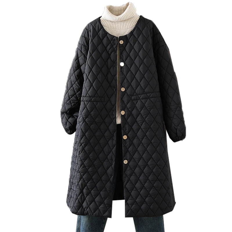 Leichter, gepolsterter Baumwoll-Jahet-Damen-Herbst-Winter-Sli-gesteppter warmer Mantel aus Baumwolle, mittellange Windjacke