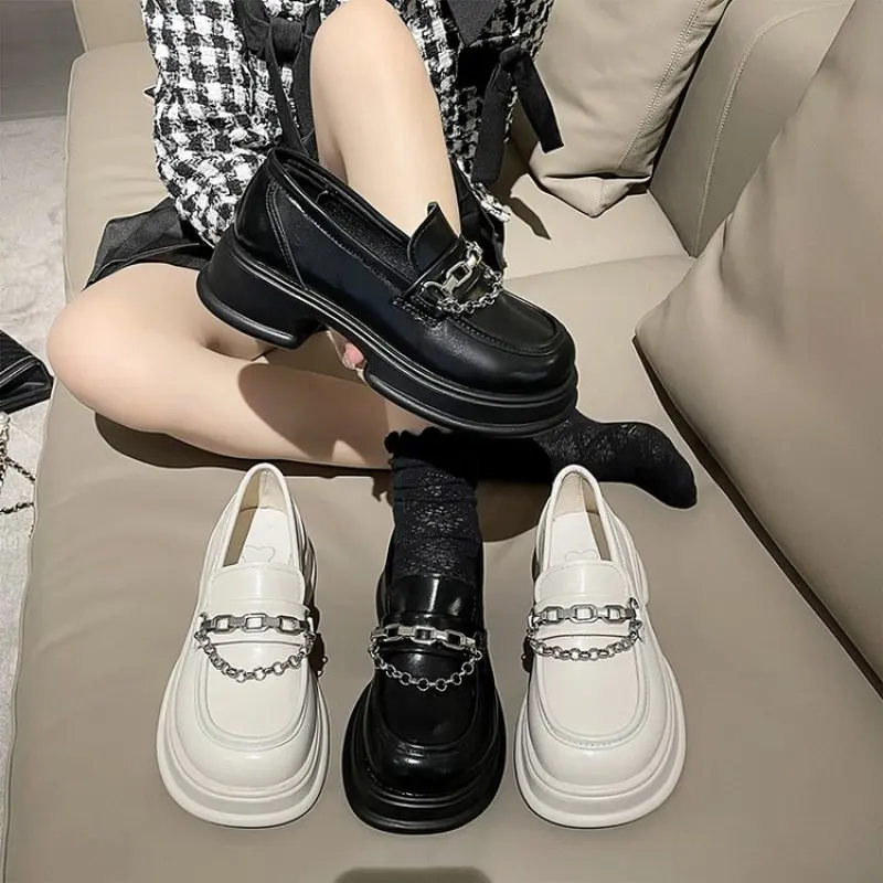 Women Platform Black Cream-coloured Vulcanized Shoes Fashion Female Loafers For Woman Leather Casual Moccasin Soft Comfortable