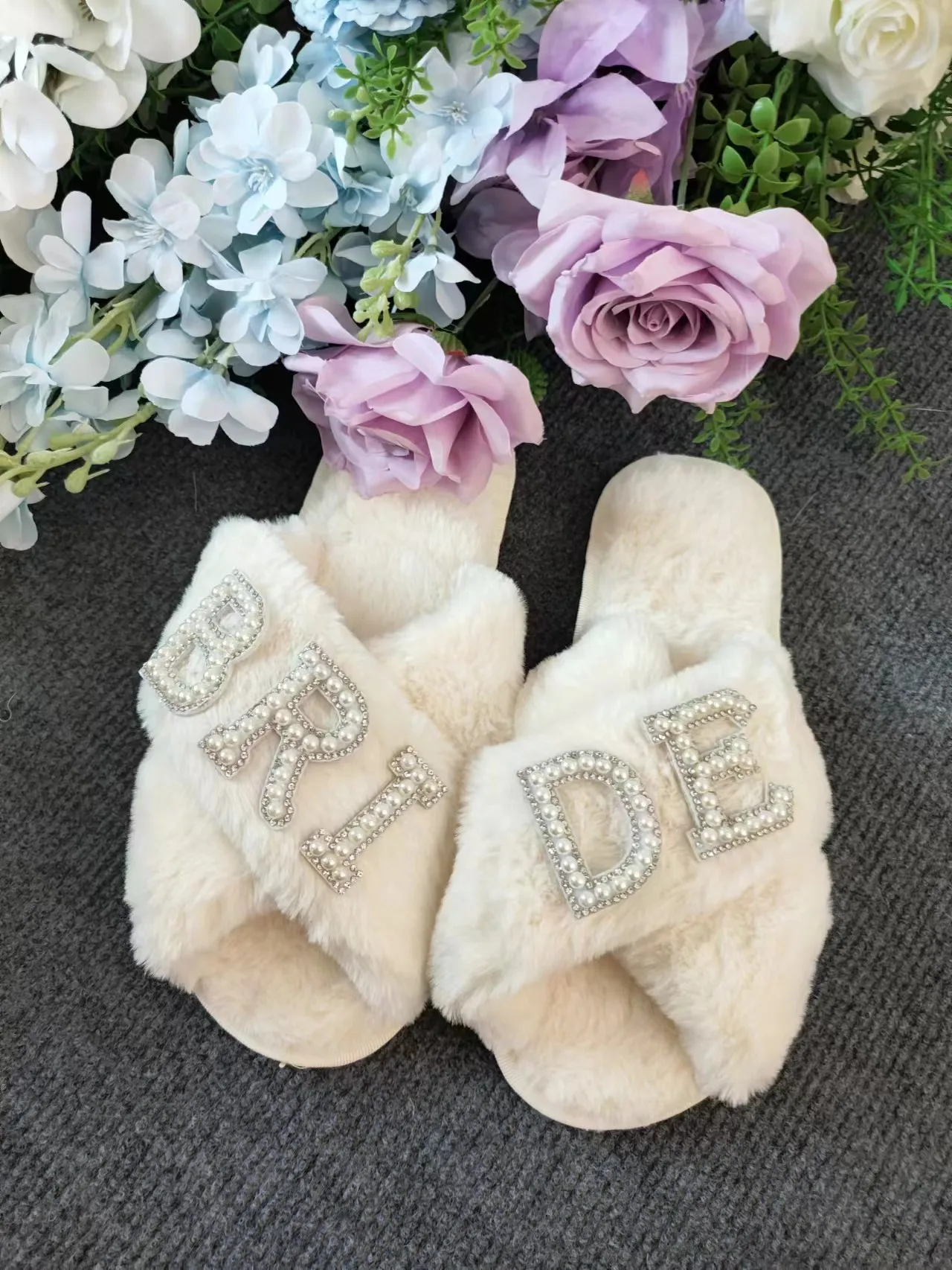 Bride Pearls Fluffy Slippers Bridal Fur Cross Pearls Slippers Bridal Shower Bachelorette Party Gift Custom Slippers Bride Gift