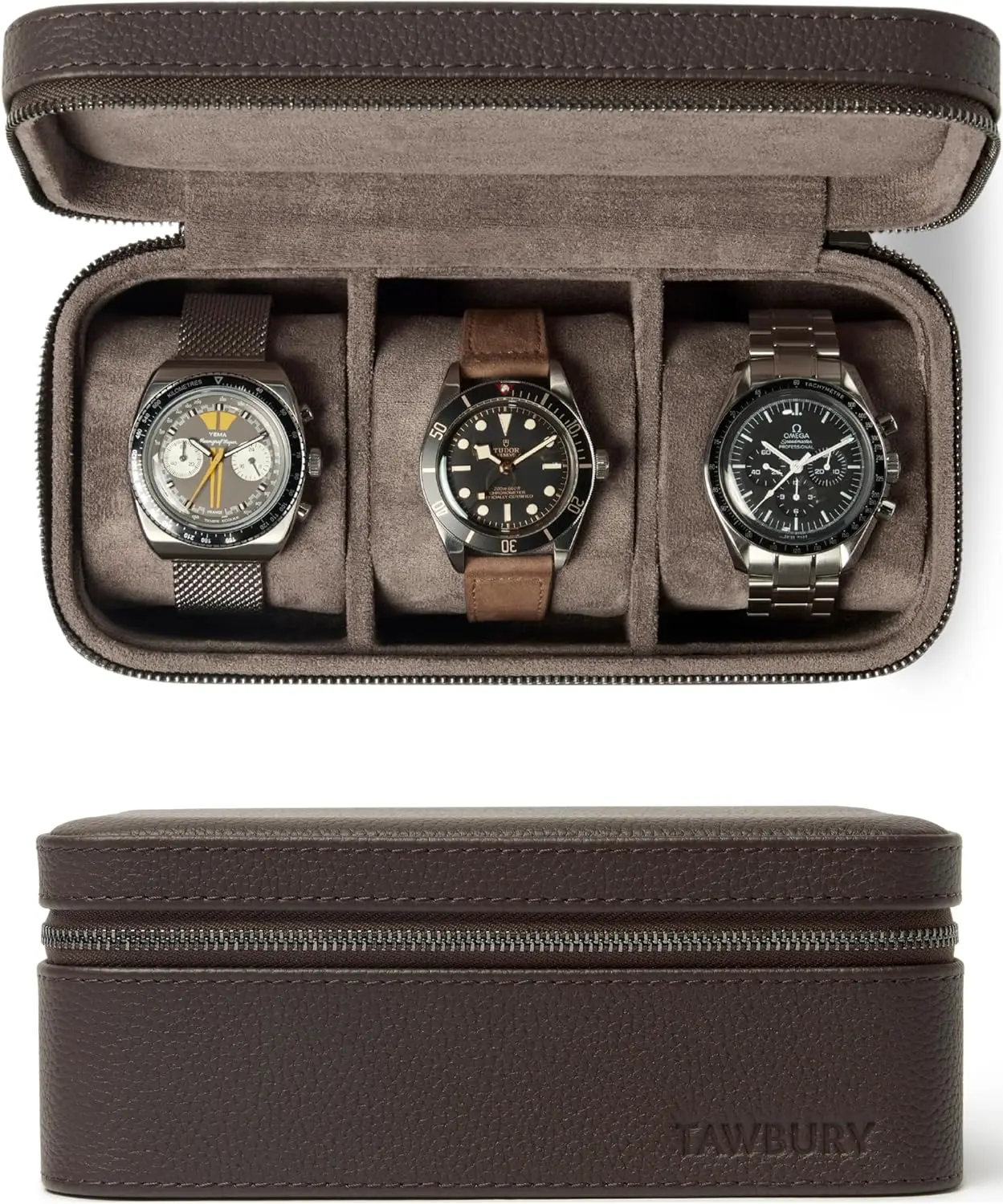 

Leather Watch Case 3 Slot Genuine Top-Grain Travel Case for Men Women with Metal Zipper Extra Wide Pillows Large Watches Brown