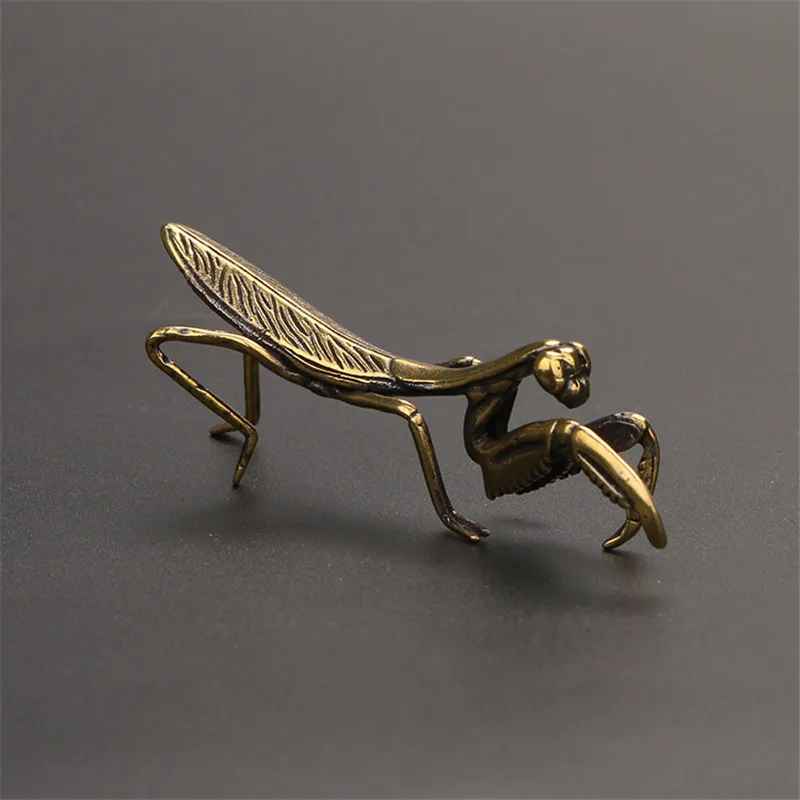 Copper Mantis Miniature Ornament Tea Pet Antique Solid Insect Figurine Desk Decoration Craft Accessories Vintage Flowerpot Decor