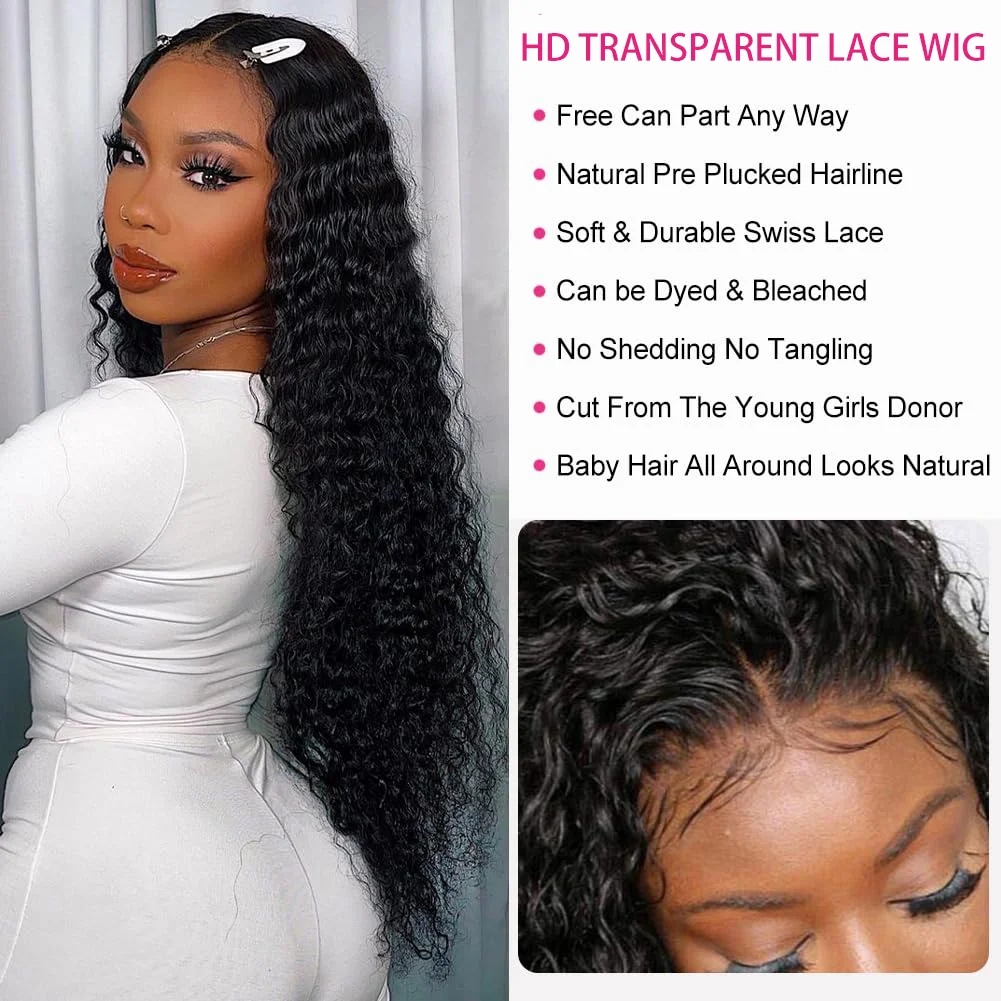 Peruca de cabelo humano onda profunda para mulheres, pré arrancada, laço HD transparente, perucas encaracoladas com cabelo de bebê, preto natural, frontal 13x4