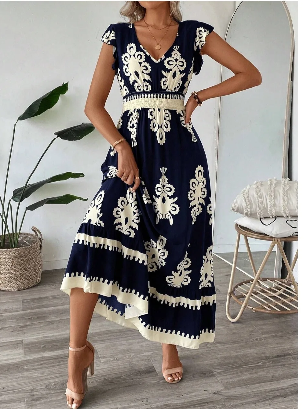 Ele V-ne Printed Waist-cinching Holiday Sle Dr Summer New Faion Fly-sve Long Dr Soft Polyester Fabric