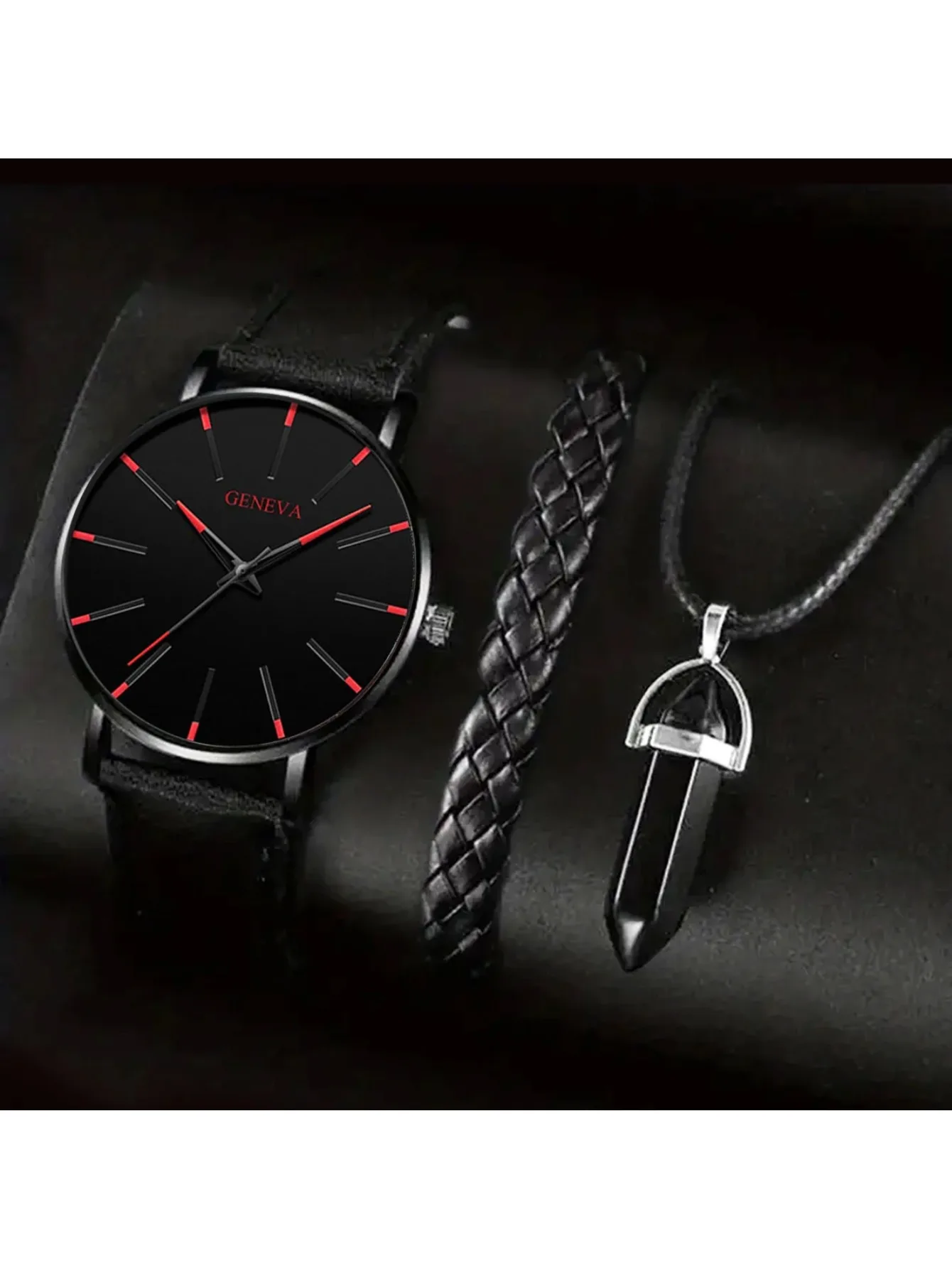 3pcs Set Fashion Mens Watches Luxury Casual Leather Quartz Wristwatch Men Business Sports Wrist Watch Bracelet Necklace Set