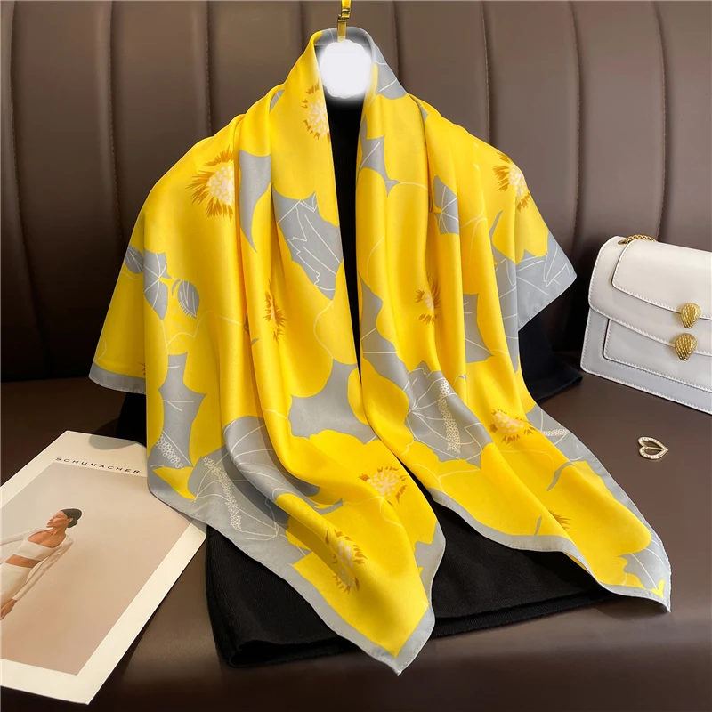 Fashion Summer Luxury Brand New Twill Silk Scarf for Women Flowers Hijab Bandana 90cm Square Spring Shawl Wraps Echarpe Foulard