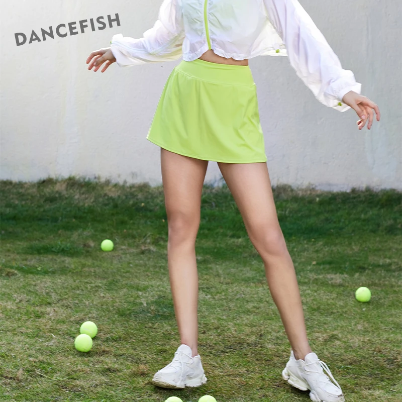 DANCEFISH Spring Summer Fake Two-piece Sportwear Women High Waist Split Tennis Skirt Inner Pocket Fitness Yoga Fashion Culottes