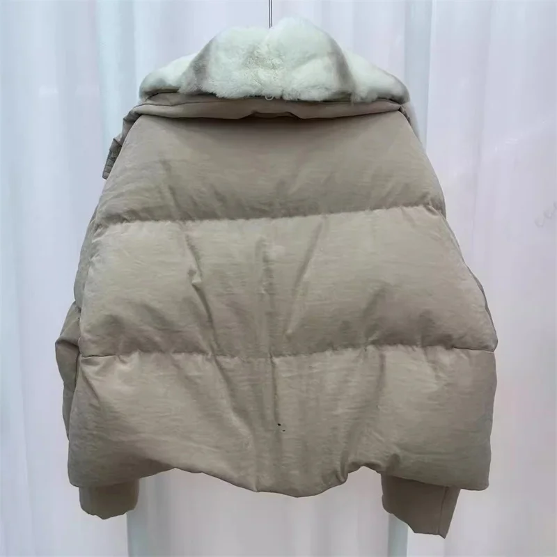 Chaqueta de invierno para mujer, chaqueta de plumón con cuello de piel de conejo desmontable, abrigo grueso y cálido relleno de plumón de pato blanco 90 y2k, novedad de 2025