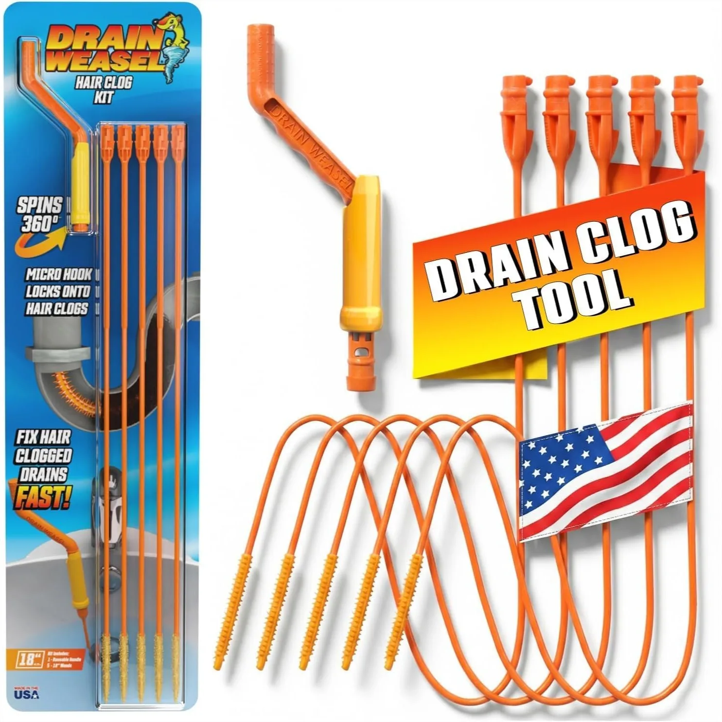 

Hair Clog Remover Tool with Patented Micro-Hook Technology, 360° Rotating Handle for Shower, Tub, Sink Drains, Includes 5